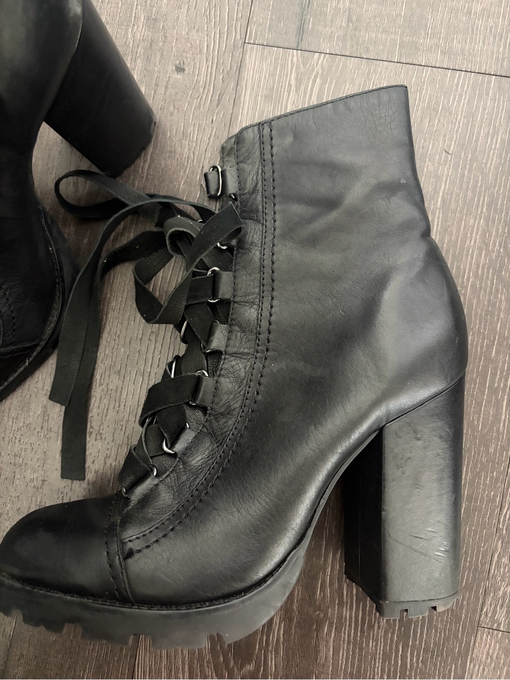 Schutz Black Leather Lace-Up Combat Bootie Heels